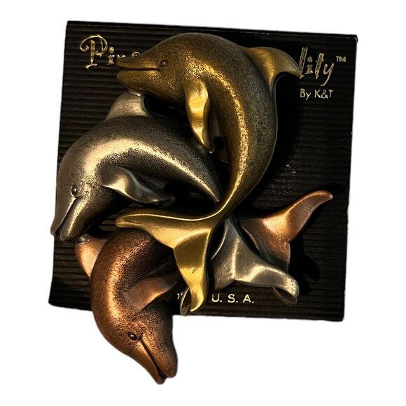 NEW Vintage Dolphin Pins With Personality By K&T Brooches Gold Silver Bronze 3" - Picture 2 of 2